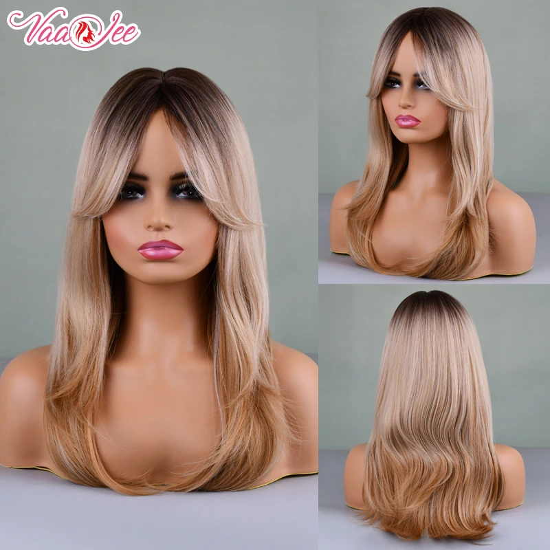 

Middle Parted Bangs Wave Wigs Medium Length Ombre Brown Synthetic Hair for Women Natural Waves with Bangs Heat Resistant