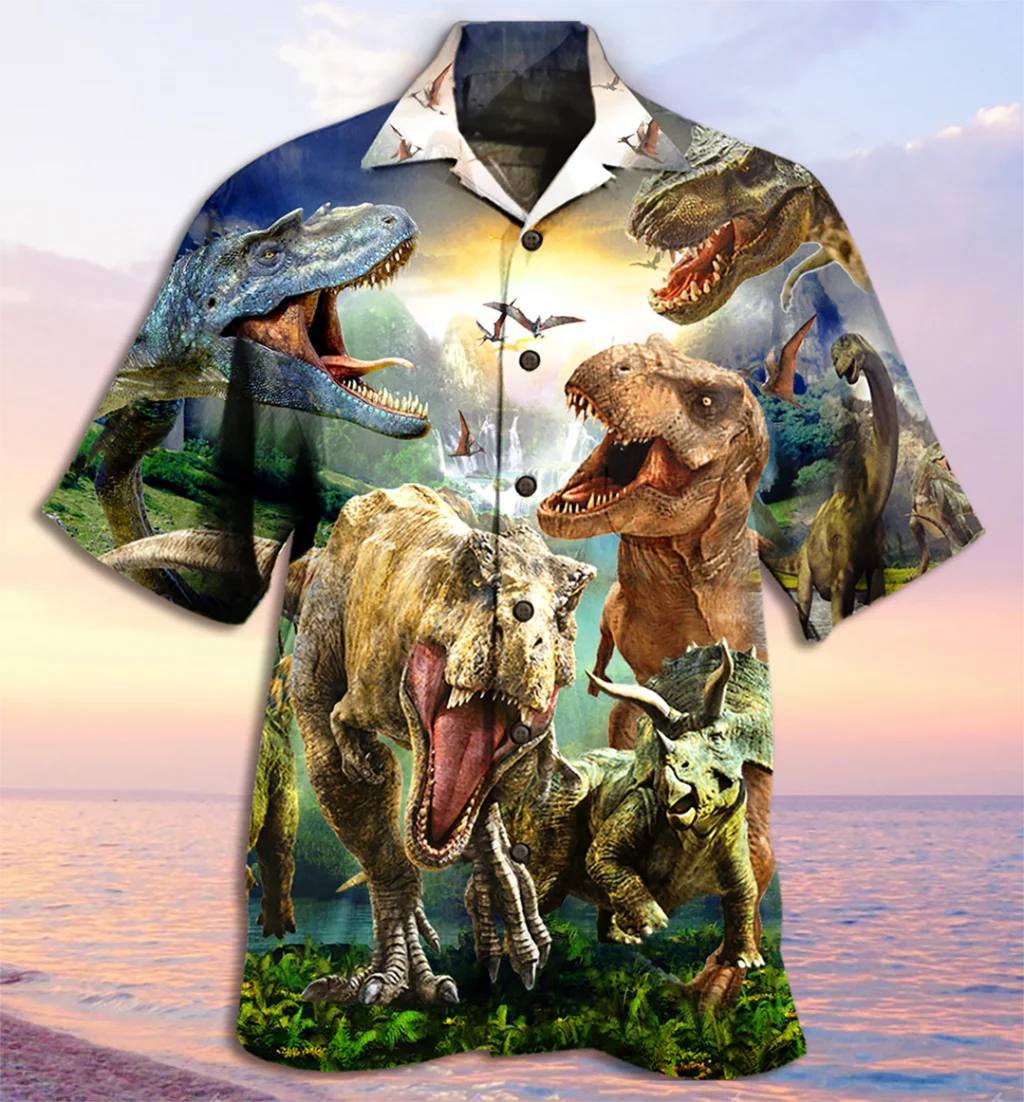 

New Cuban Shirt Dinosaur Print Hawaiian Beach Holiday Cool Short Sleeve Tops Aloha Oversized for Men And Women