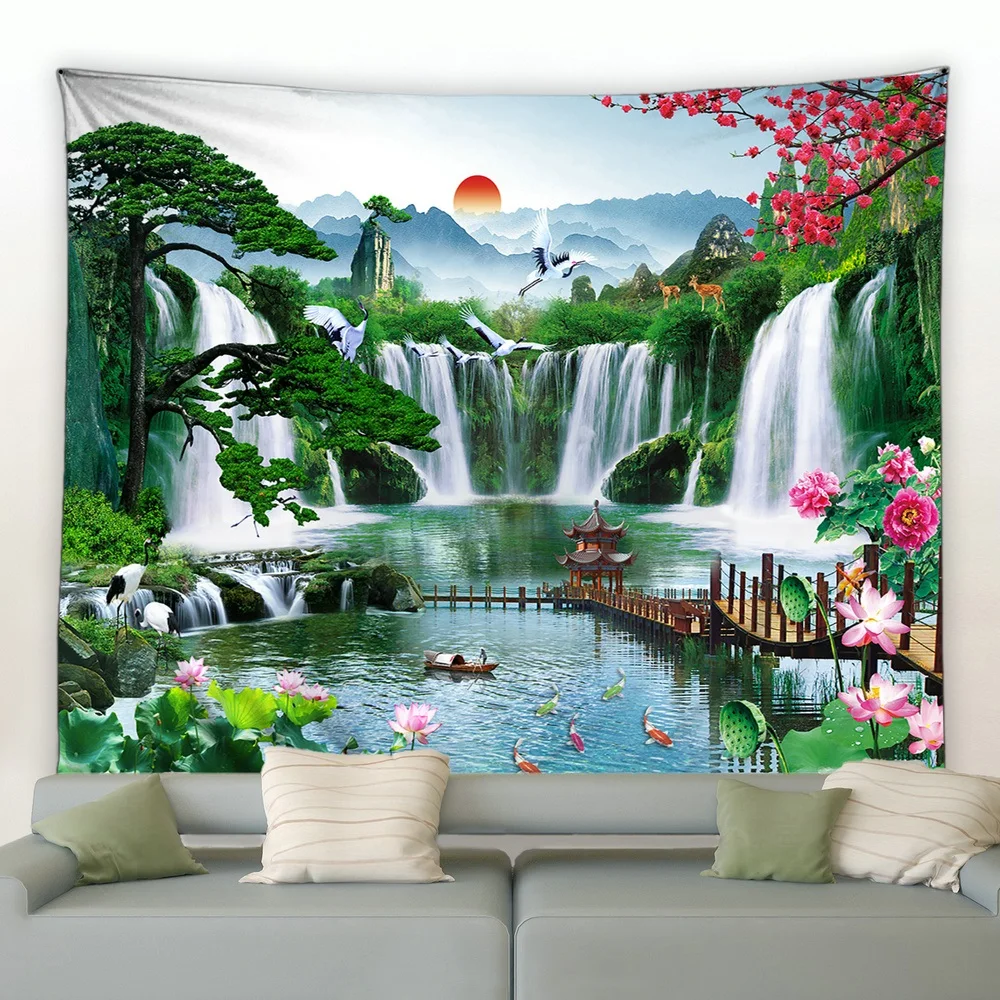 

Picturesque Garden Tapestry Forest Mountain Waterfalls Nature Scenery Tapestrie Bedroom Living Room Dorm Home Deco Wall Hanging