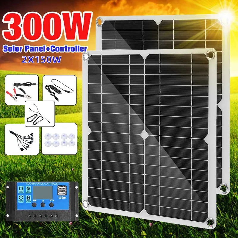 300W Solar Panel Kit 2 in 1 PV System Components 12V/5V USB Solar Cells With 10A/60A Controller for Car Yacht RV Boat Phone
300W Solar Panel Kit 2 in 1 PV System Components 12V/5V USB Solar Cells With 10A/60A Controller for Car Yacht RV Boat Phone