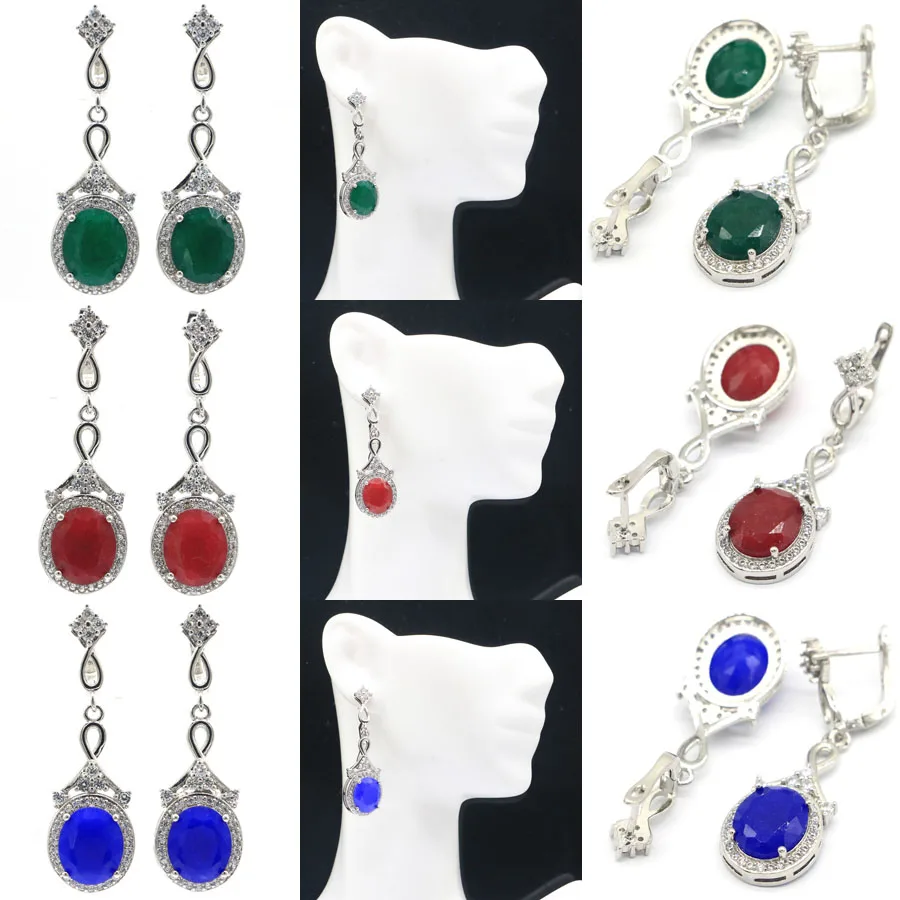 

44x14mm Highly Recommend Real Red Ruby Green Emerald Blue Sapphire Women Wedding 925 Silver Earrings Wholesale Drop Shipping