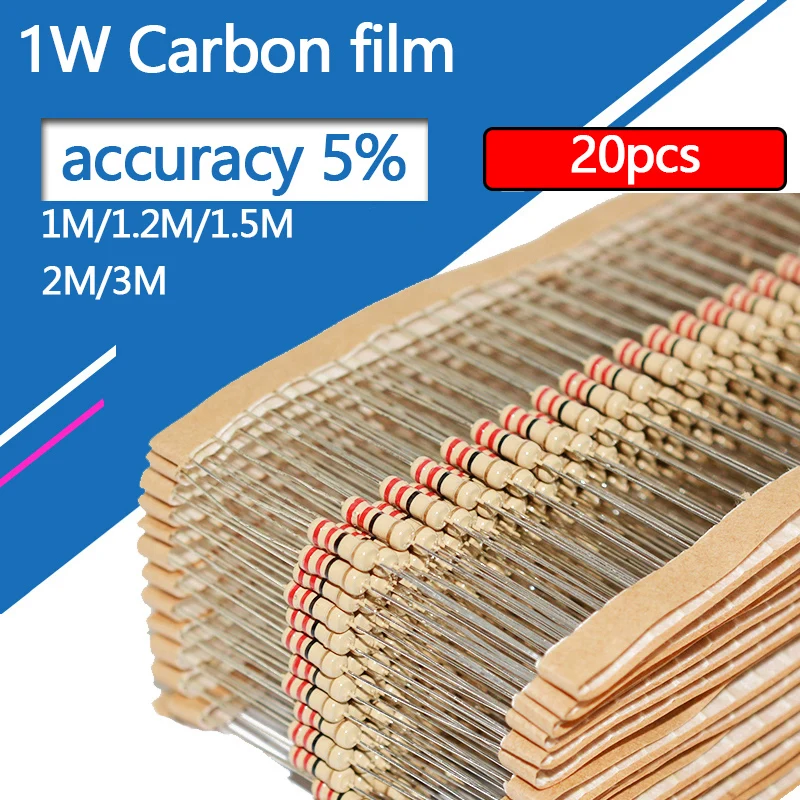 

20pcs 1W Carbon Film Resistor 5% 1M 1.2M 1.5M 2M 3M 1 1.2 1.5 2 3 Mohm 0.1R--10M