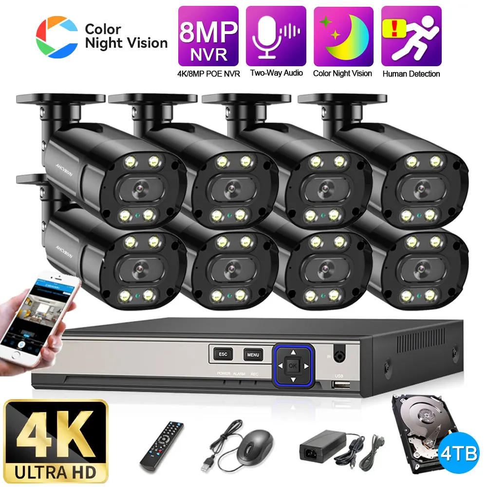 

8CH 4K POE NVR CCTV Security Color Night Camera System Motion Detect Email Alert+APP Push 2-way Audio P2P Video Surveillance Set