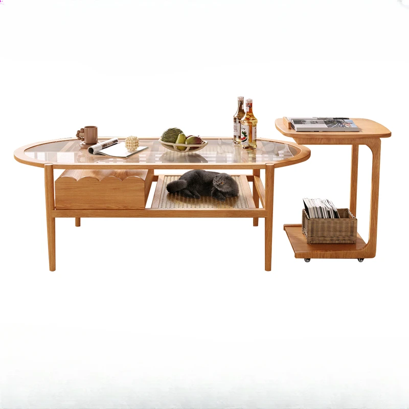 

Гостиная: кофейный столик из массива дерева, wabi-sabi wind, чанхун-стекло, ротанговый Многофункциональный Овальный чайный столик