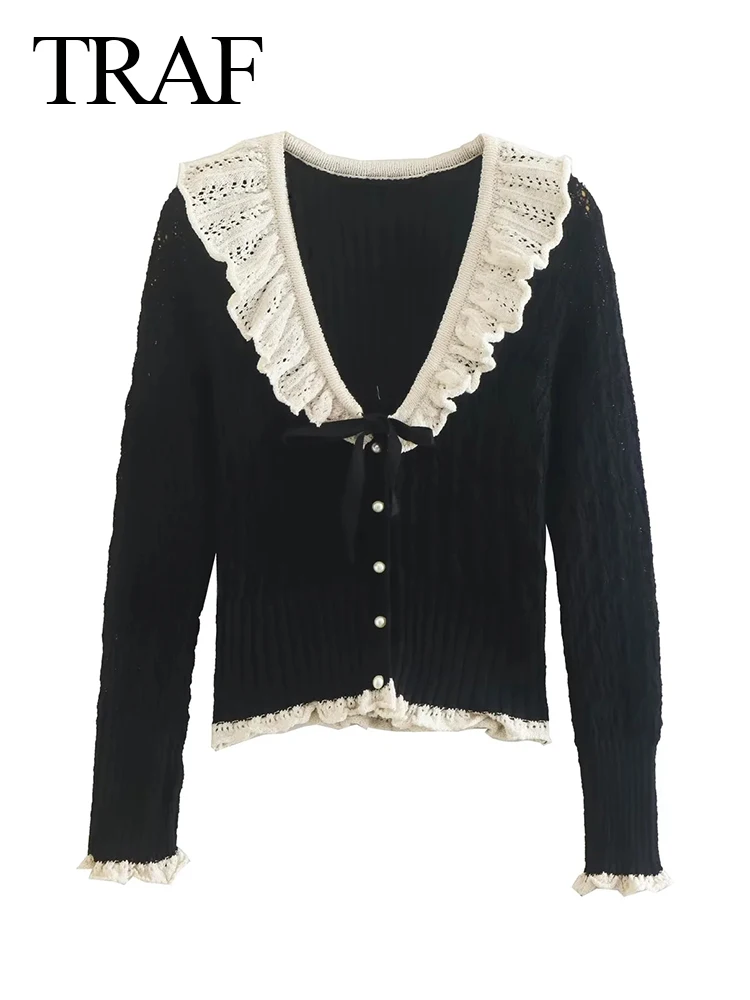 TRAF Women Vintage V Neck Long Sleeve Female Outerwear Tops Mujer Elegant Fashion Front Bow Tie Semi-sheer Knit Cardigan Sweater
TRAF Women Vintage V Neck Long Sleeve Female Outerwear Tops Mujer Elegant Fashion Front Bow Tie Semi-sheer Knit Cardigan Sweater