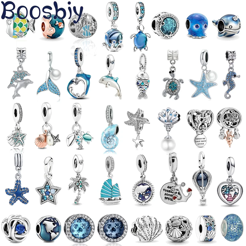 

Boosbiy 2pc DIY Fantasy Blue Ocean Style Dolphin Shell Whale Charms Beads Fits Pando Bracelets Necklace For Women Jewelry Making