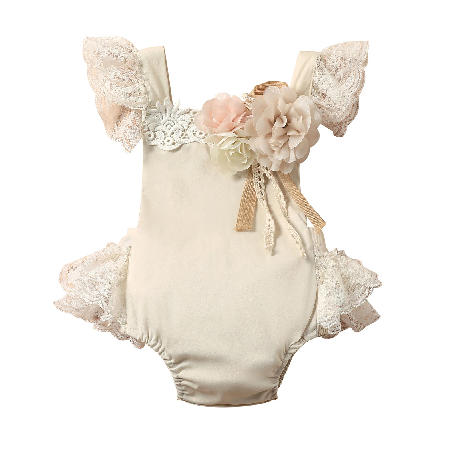 

Baby Girls Bodysuit Flying Sleeve Lace Mesh Flower Decorated Hollow Back Cute Bodysuit For Girls Costumes Summer