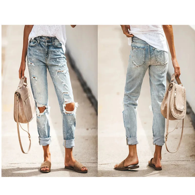 Korean Version Women's Personality Ripped Small Feet Jeans Pants Female High Waist Washed Distressed Denim Trousers Light Blue
Korean Version Women's Personality Ripped Small Feet Jeans Pants Female High Waist Washed Distressed Denim Trousers Light Blue