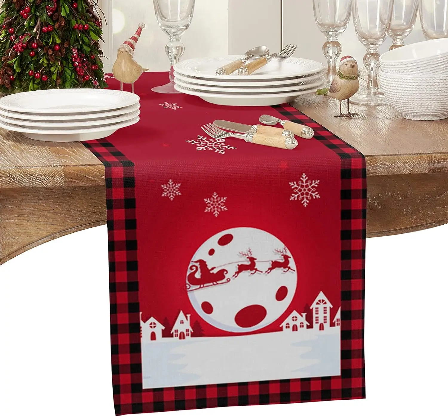 

Christmas Santa Claus Elk Snowflake Linen Table Runners Table Decor Farmhouse Dining Table Runners Holiday Christmas Decorations