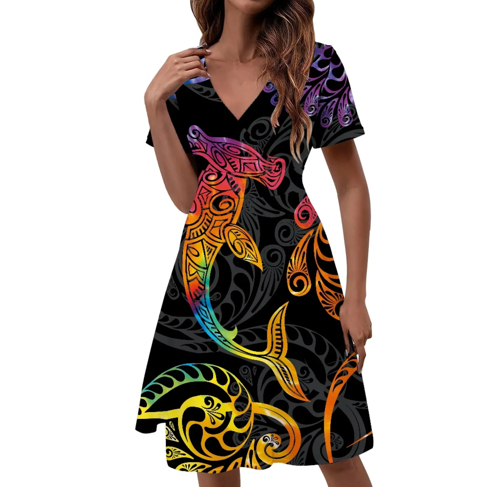 Polynesian Tribal Hawaiian Totem Tattoo Hawaii Prints Formal Occasion Women's Clothing V-neck Short Sleeve Knee-Length Dress
Polynesian Tribal Hawaiian Totem Tattoo Hawaii Prints Formal Occasion Women's Clothing V-neck Short Sleeve Knee-Length Dress