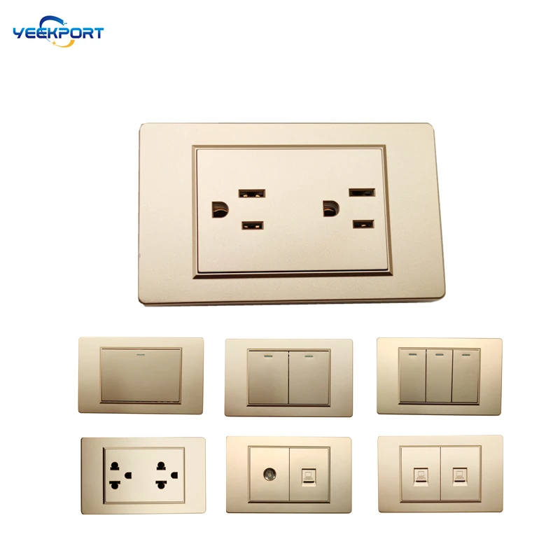 118mm American standard household 2Gang Golden PC flame retardant panel 16A 3hole Power Plug Wall Socket And Switch Combination
118mm American standard household 2Gang Golden PC flame retardant panel 16A 3hole Power Plug Wall Socket And Switch Combination