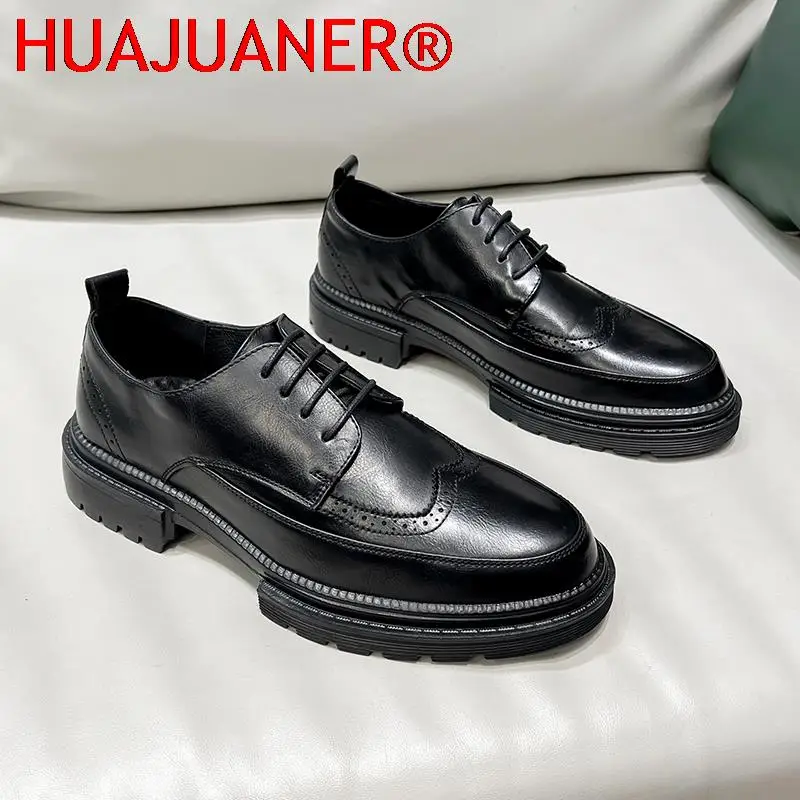 

Men Dress Shoes Casual Thick Sole Platform Increase Leather Shoes Brogue Style Wedding Shoes Men Business Oxfords Formal Shoes