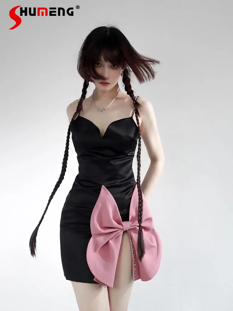 

Original Lolita Cute Woman Pink Bow Short Black Slip Dress Summer Hot Girl Birthday Party Suspender Dress and Plush Black Coat