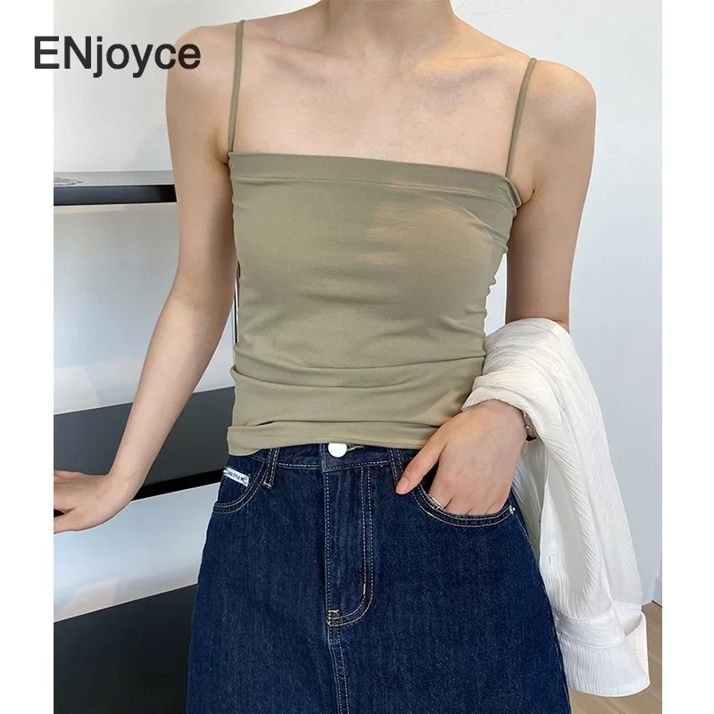 

Simple Basic Strap Camisole Women Sexy Suspender Vest Ladies Slim Sling Tank One-piece Padded Strapless Top Cropped Tops Trendy