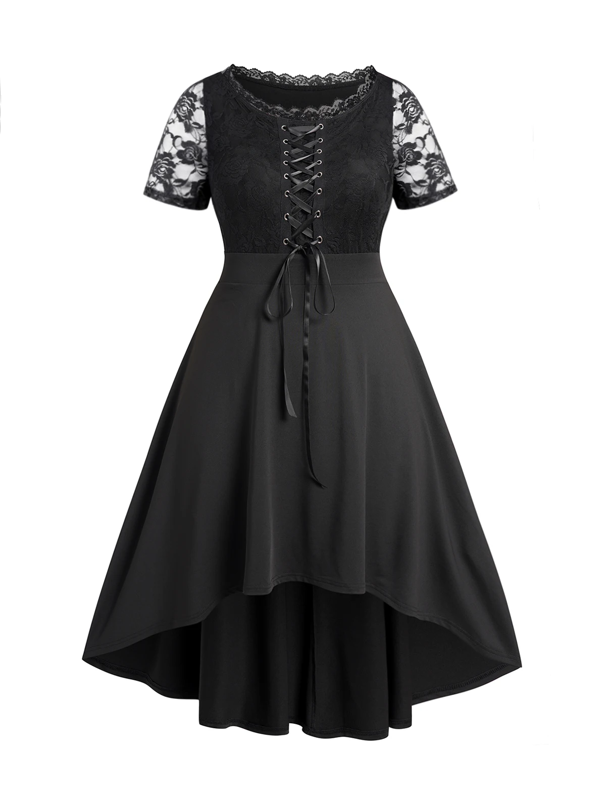 

Dressfo Black Color Plus Size Dress For Lady Sheer Lace Panel Scalloped Lace Up High Waisted A Line Midi Vestido Feminino