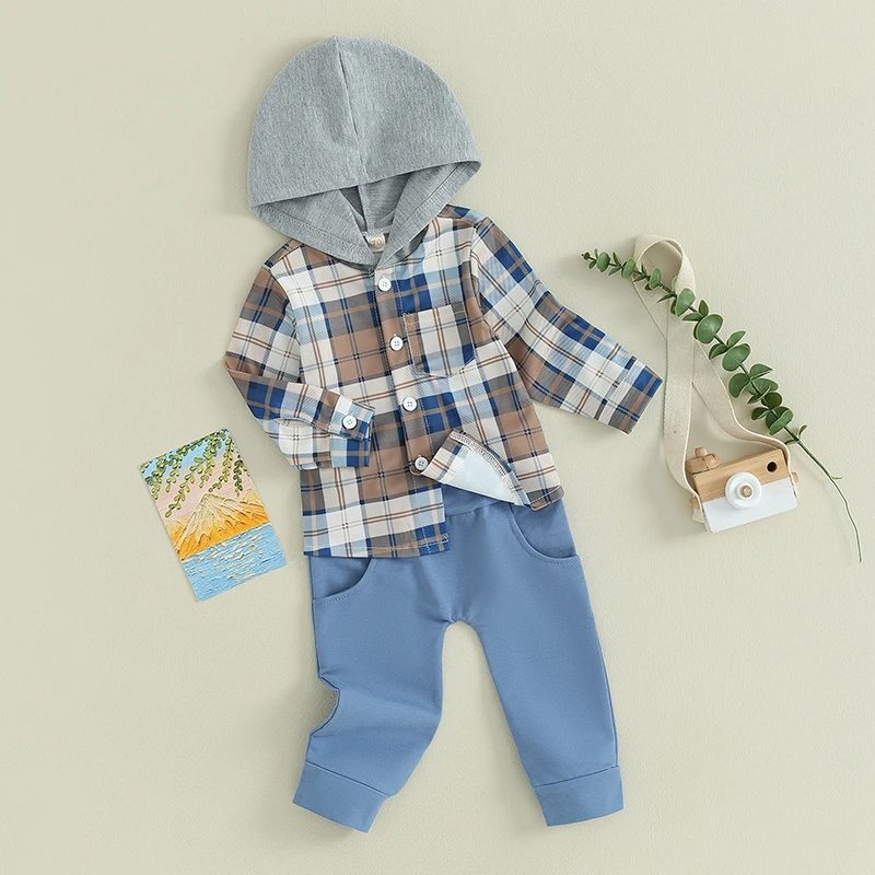 Toddler Boys Fall Outfits Plaid Buttons Long Sleeve Hoodies Shirts and Solid Color Long Pants 2Pcs Clothes Set
Toddler Boys Fall Outfits Plaid Buttons Long Sleeve Hoodies Shirts and Solid Color Long Pants 2Pcs Clothes Set