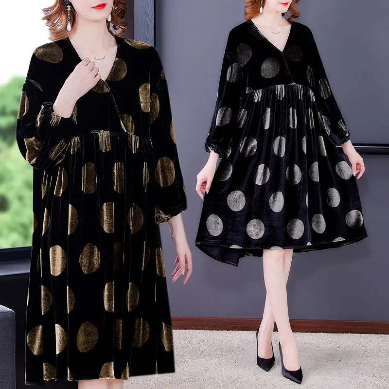Women'spring Autumn New Elastic Waist Gold Velvet Dress Fashion Printing Dress Luxurious Temperament V-neck Dress for Women K18
Women'spring Autumn New Elastic Waist Gold Velvet Dress Fashion Printing Dress Luxurious Temperament V-neck Dress for Women K18