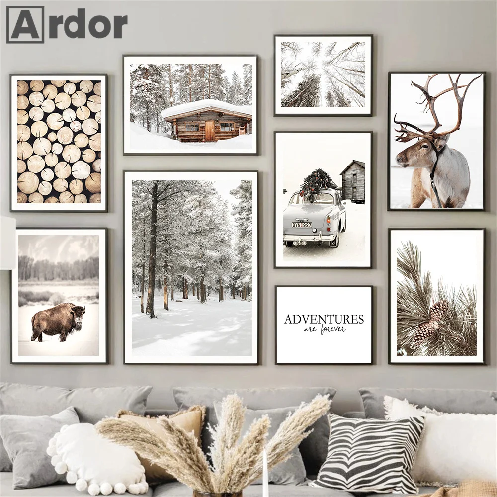 

Wood Cabin Pine Forest Car Wall Art Canvas Painting Elk Yak Wolf Lion Animal Poster Winter Snow Scenery Print Modern Home Decor