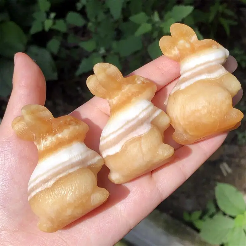 

Natural Rabbit Statue Orange Calcite Gemstone Room Decoration Healing Crystal Animal Figurine Reiki Carved Stones Gift 1pcs