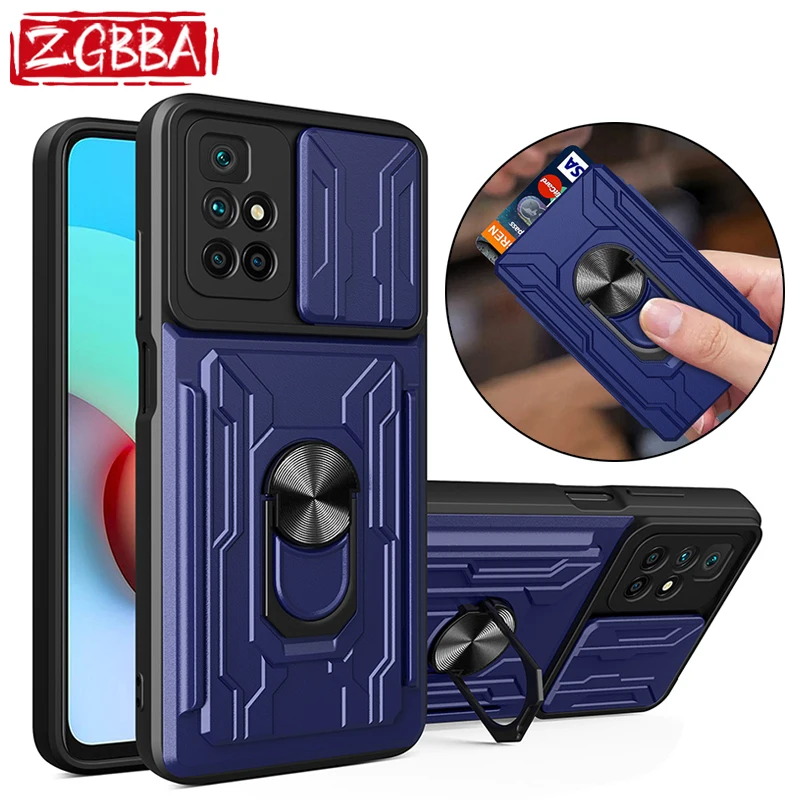 

Shockproof Card Slot Phone Case For Xiaomi Redmi 9t 9a 9c 9 10x 10 10c Slide Camera Lens Car Holder Cover for Redmi K40 Pro 9Pro