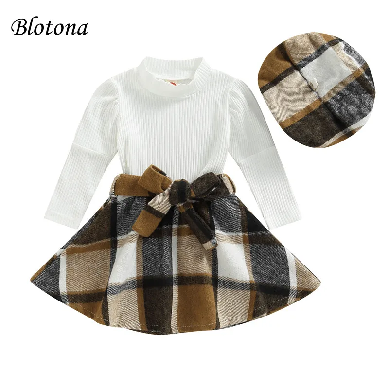 

Blotona Kids Girls Dress Suit Long Sleeve O-Neck Solid Color Tops A-Lined Short Plaid Print Half Dress with Hat 9Months-4Years