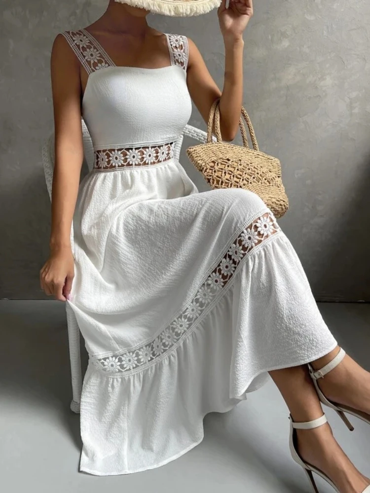 

Summer Dresses Women Guipure Lace Insert Ruffle Hem Polyester Solid Color Patchwork Sleeveless Slip Long Dress Y2k Clothes