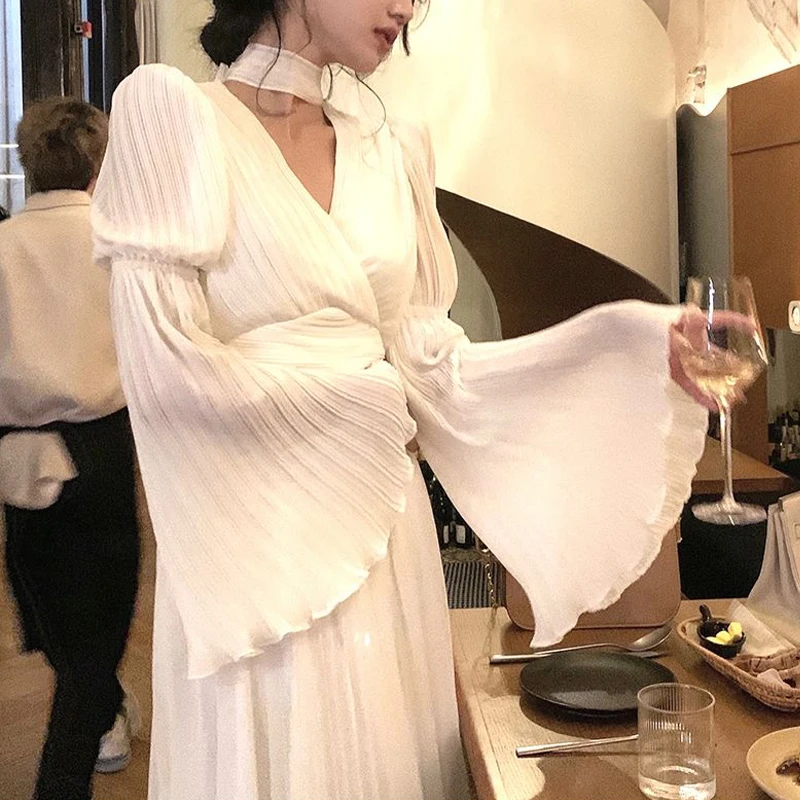 Ruffled Flare Long Sleeve Elegant Dress Summer French Style V-neck Pleated Long Dress Women Casual Slim High Waist Dresses 27287
Ruffled Flare Long Sleeve Elegant Dress Summer French Style V-neck Pleated Long Dress Women Casual Slim High Waist Dresses 27287