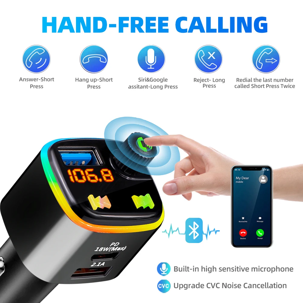 Car FM Transmitter Bluetooth 5.0 Car kit Handfree Dual USB PD18W Fast Charging Wireless Cigarette lighter MP3 Music Player 
Car FM Transmitter Bluetooth 5.0 Car kit Handfree Dual USB PD18W Fast Charging Wireless Cigarette lighter MP3 Music Player