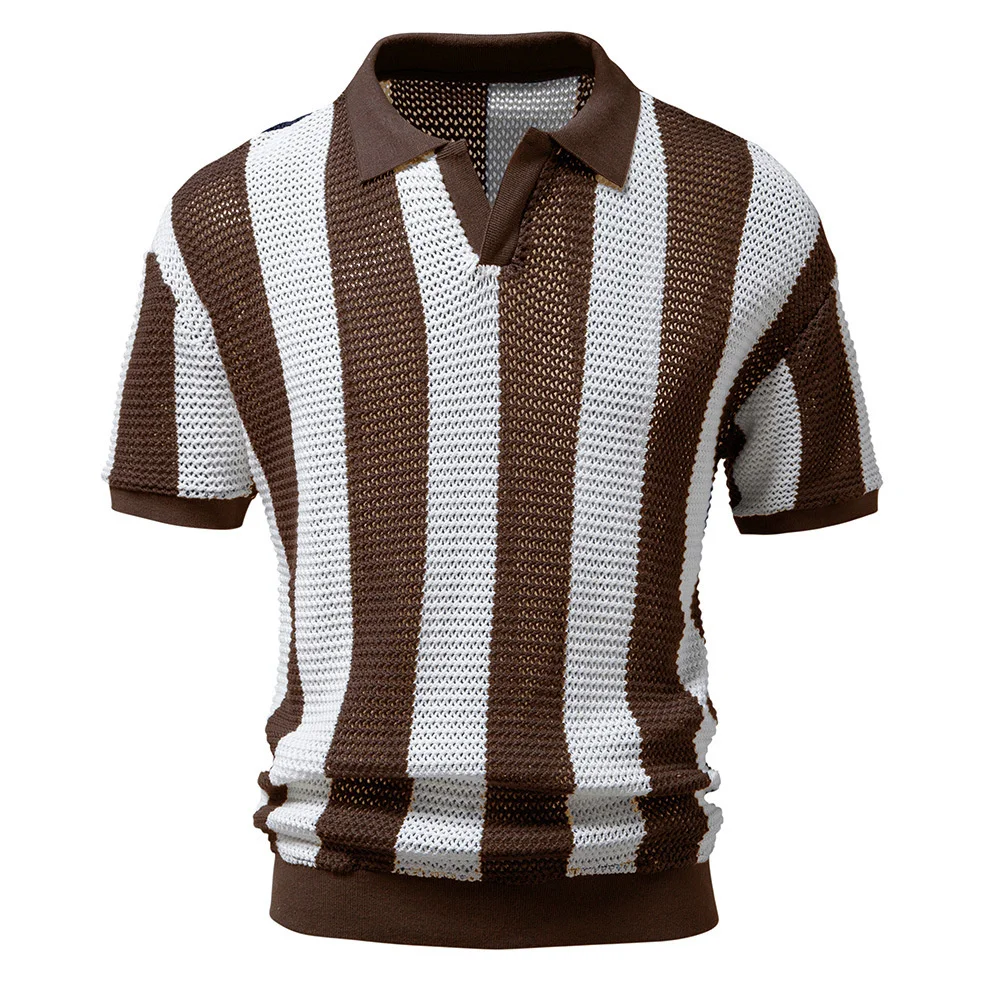 

2023 Summer New Men's Lapel Polo Shirt Hollow Out Short Sleeve Mesh Fashion Stripe Euro Size Vintage Pullover