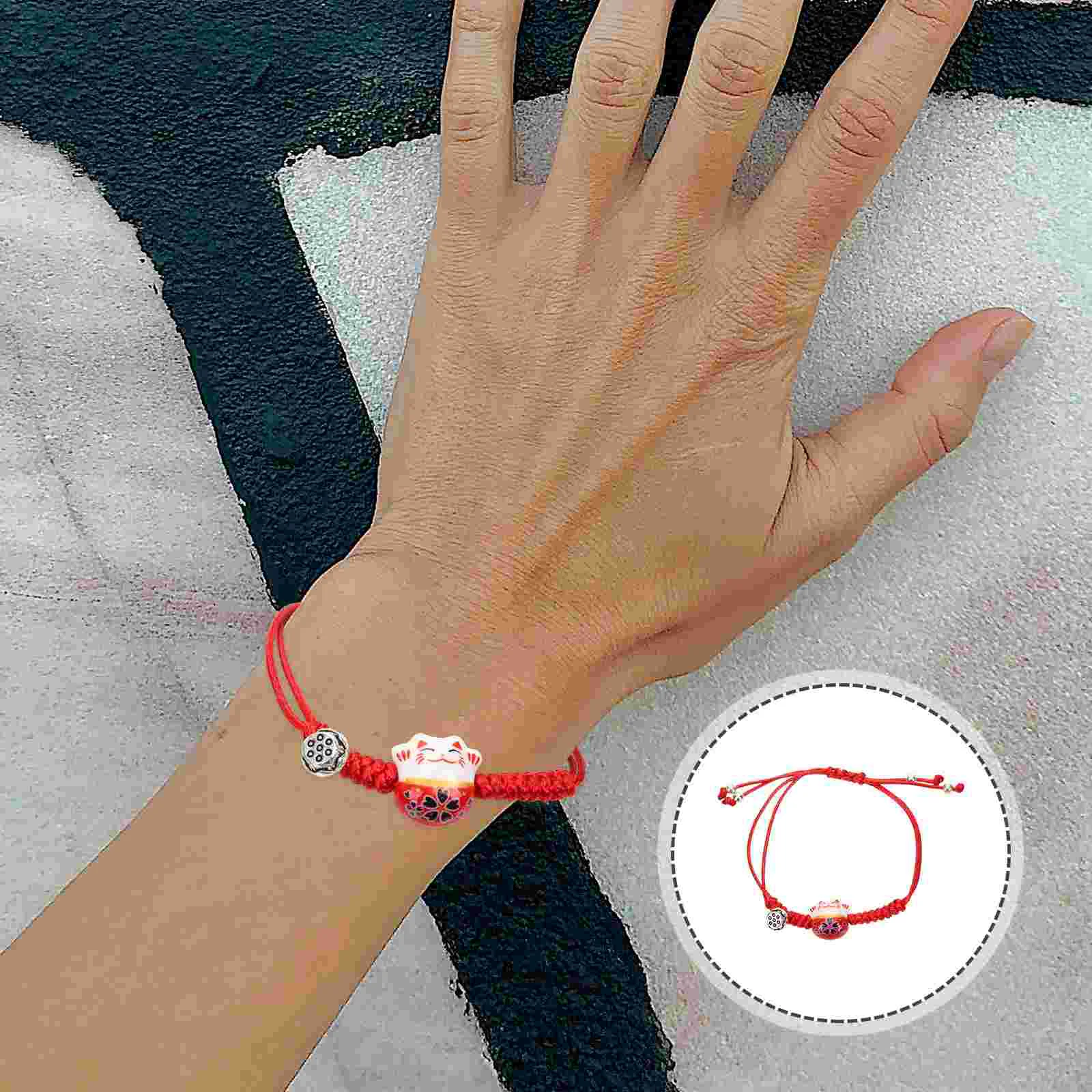 

Bracelet String Bracelets Luck Charm Cat Woven Friendship Protection Mini Ceramic Kitten Braided Good Braid Fortune Shui Red