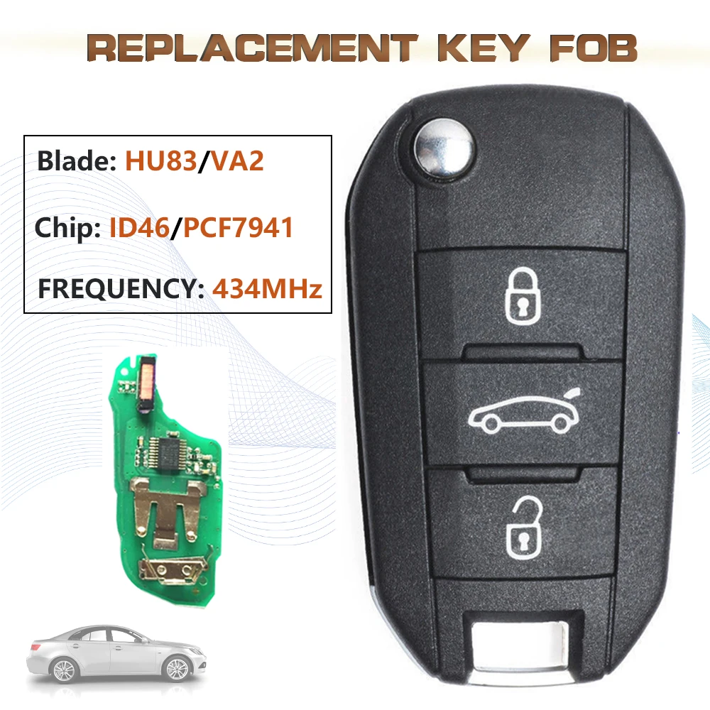 KEYECU HU83/VA2 Blade Flip Remote Key Fob 3 Button 434MHz PCF7941/ID46 Chip for Peugeot 208 2008 301 308 3008 408 4008 508
KEYECU HU83/VA2 Blade Flip Remote Key Fob 3 Button 434MHz PCF7941/ID46 Chip for Peugeot 208 2008 301 308 3008 408 4008 508