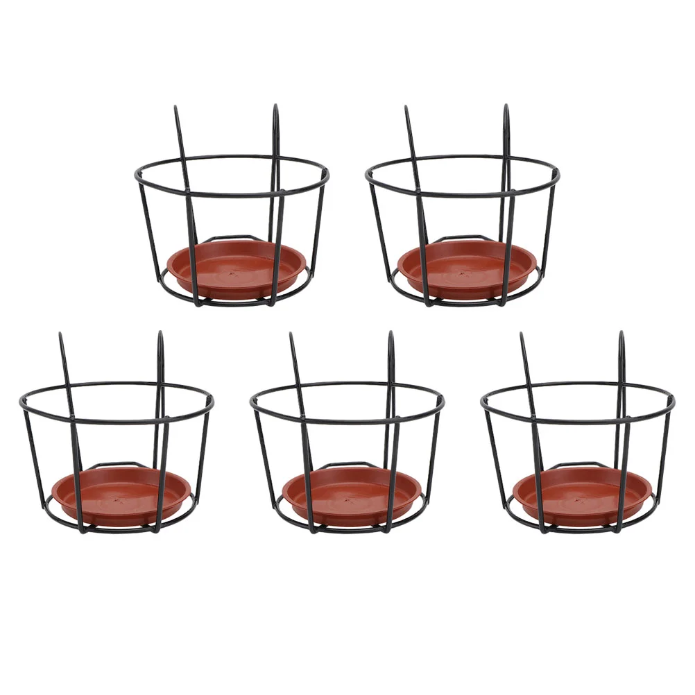 

5 Sets Hanging Planter Basket Stand with Trays Round Metal Railing Planter Hanger Flower Pot Holders Fence Baskets for Balcony