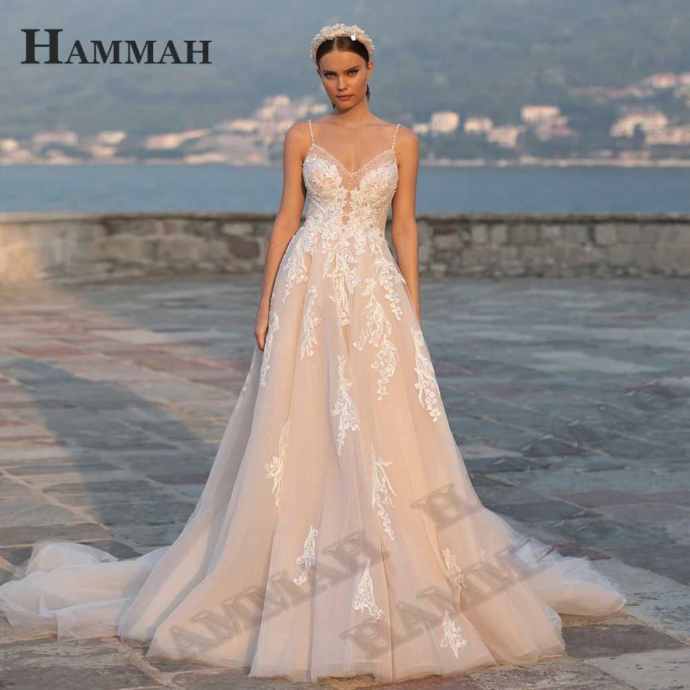HAMMAH Wedding Gown For Bride V Neck Spaghetti Strap Zipper Backless Appliques Sleeveless A Line Court Train Sparkly Customised
HAMMAH Wedding Gown For Bride V Neck Spaghetti Strap Zipper Backless Appliques Sleeveless A Line Court Train Sparkly Customised