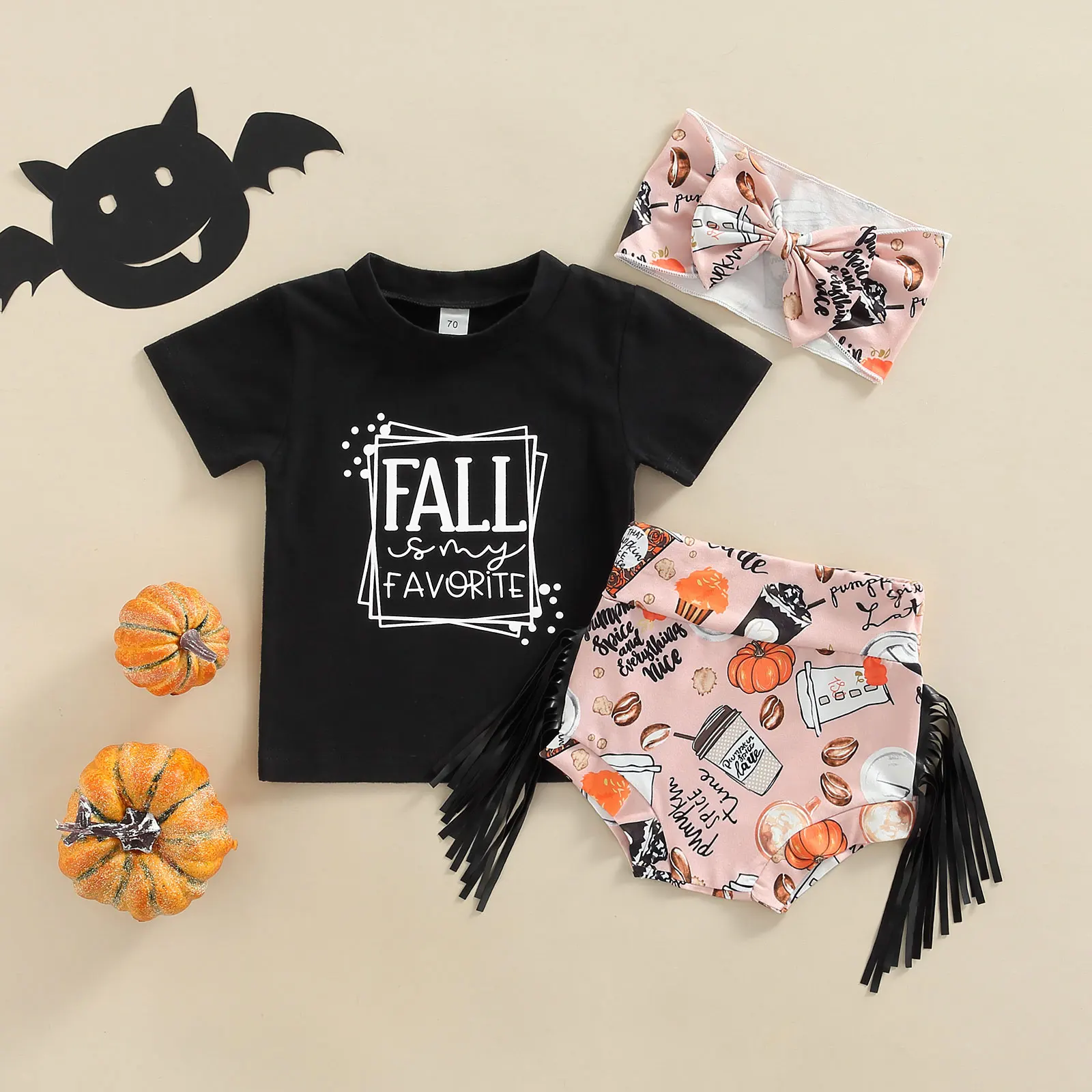 

3pcs Halloween Baby Girls Outfit, Toddlers Letter Round Collar Short Sleeve Tops + Pumpkin Printing Tassels Shorts + Headwear