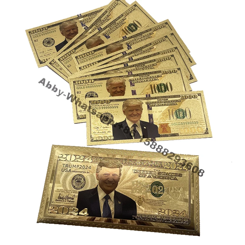 

10pcs New Donald Trump 24K Gold foil banknotes with golden envelopes 2024 US president souvenir cards 1000 dollar plastic bill