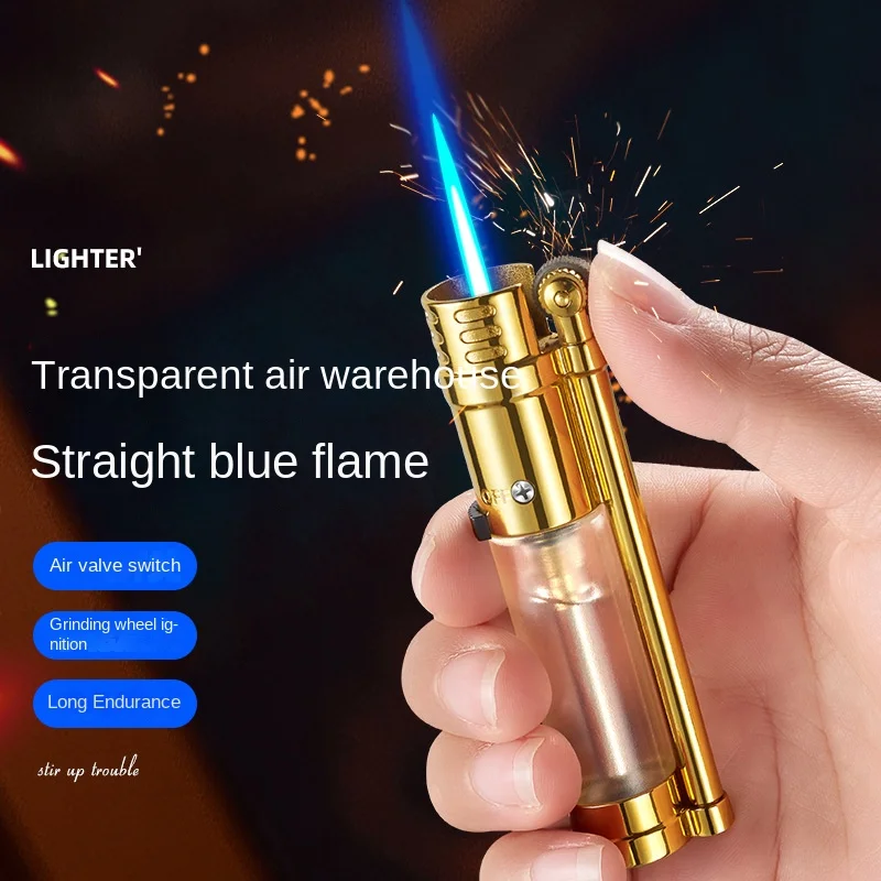 Metal creative personality transparent gas bin straight into the wind and blue flame inflatable grinding wheel lighter
Metal creative personality transparent gas bin straight into the wind and blue flame inflatable grinding wheel lighter