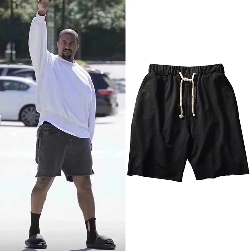 

Kanye West Verontruste Katoen Shorts Streetwear Modieuze Strand Korte Heren Zomer Losse Casual Shorts Balck Grijs Alle-Match
