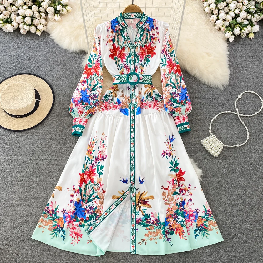 Desinger Runway Multicolor Flower Shirt Dress Women V-Neck Long Lantern Sleeve Single Breasted Belted Floral Print Maxi Vestidos
Desinger Runway Multicolor Flower Shirt Dress Women V-Neck Long Lantern Sleeve Single Breasted Belted Floral Print Maxi Vestidos