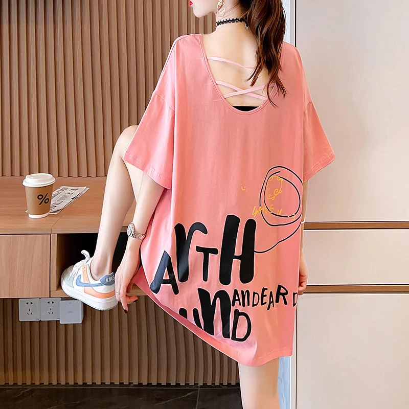 Korean Style Summer Women T-shirt Casual Loose Backless Short-Sleeved Cartoon Letter Print Tshirts Oversized T Shirt Graphic Tee
Korean Style Summer Women T-shirt Casual Loose Backless Short-Sleeved Cartoon Letter Print Tshirts Oversized T Shirt Graphic Tee