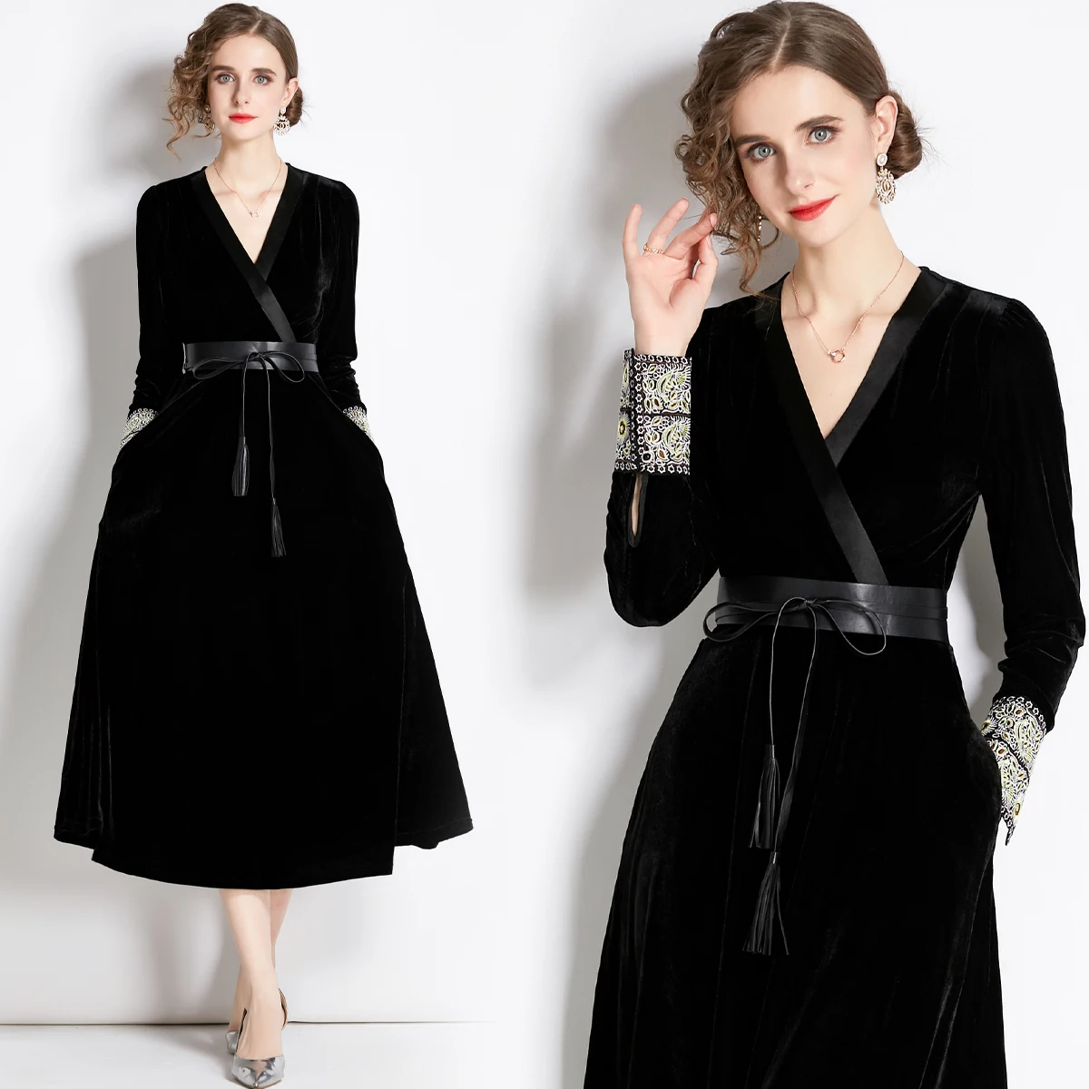 Autumn And Winter 2022 New Style Gold Velvet French Hepburn V-Neck Slim Black Velvet Embroidered Dress Belt Slim Big Hem Dress
Autumn And Winter 2022 New Style Gold Velvet French Hepburn V-Neck Slim Black Velvet Embroidered Dress Belt Slim Big Hem Dress