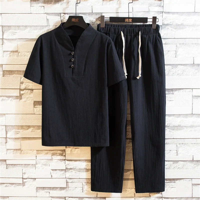 Chinese Style Summer Cotton and Linen Two-Piece Suit MenVCollar Casual Short SleeveTT-shirt Loose Large Size Cropped Pants Set M
Chinese Style Summer Cotton and Linen Two-Piece Suit MenVCollar Casual Short SleeveTT-shirt Loose Large Size Cropped Pants Set M