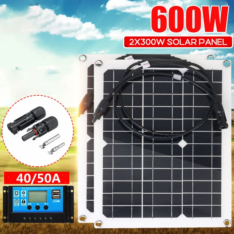 600W 300W Solar Panel 18V Sun Power Solar Cells Bank Pack W/ Connector Cover Solar Controller IP65 for Phone Car RV Boat Charger
600W 300W Solar Panel 18V Sun Power Solar Cells Bank Pack W/ Connector Cover Solar Controller IP65 for Phone Car RV Boat Charger