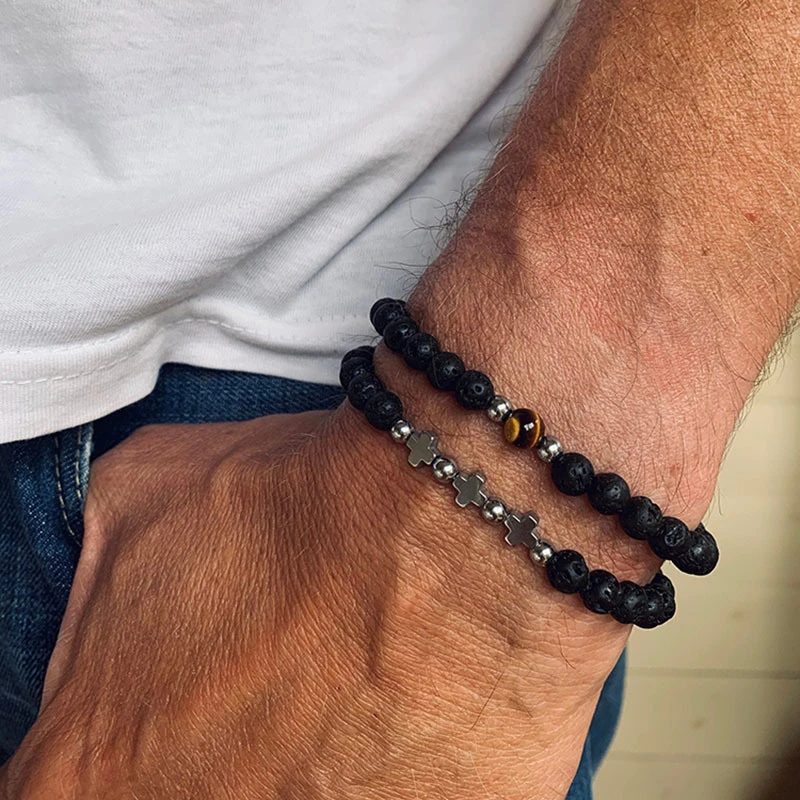

Vintage Men Bracelet Set Natural Stone Pearl Howlite Agates Beads Black Lava Multi-layer Bracelet Elastic Yoga Wristband