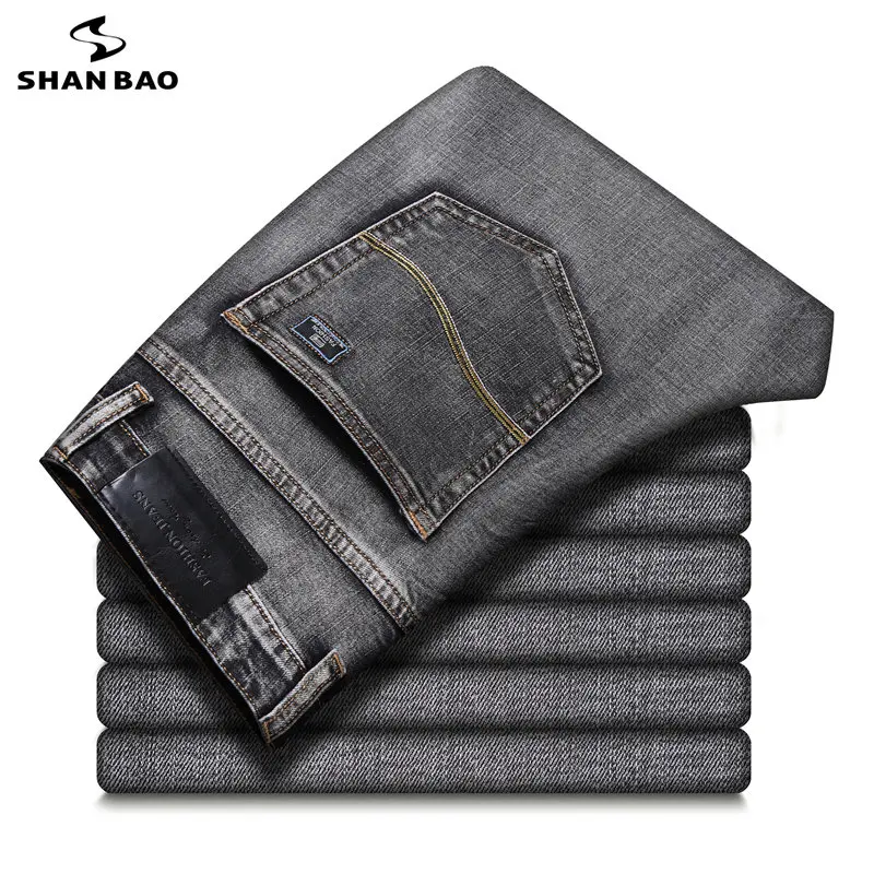 

Брендовые новые весенние прямые дымчато-серые джинсы бренда SHAN BAO, Классические повседневные мужские хлопковые Стрейчевые брюки средней высоты в стиле ретро