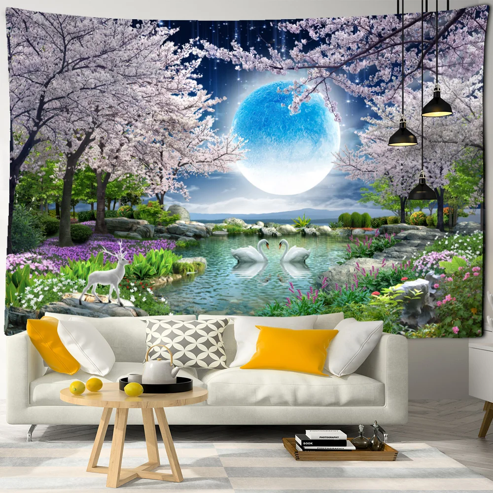 

Moon at Sea Tapestry Cherry Blossom Forest Flowers Green Plants Lake Water Animal Tapestries Wall Hanging Bedroom Room Home Deco