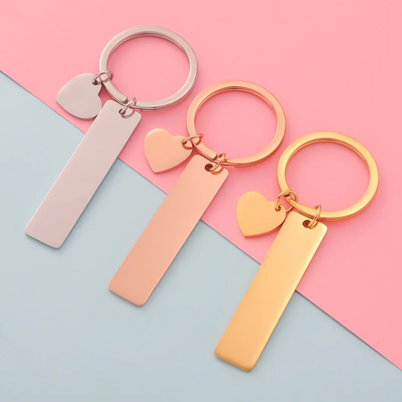 

New Fashion Square Stainless Steel Key Chain Women Accessories Rectangular Heart Pendant Keychains Wholesale Lots 5 Pcs Jewelry