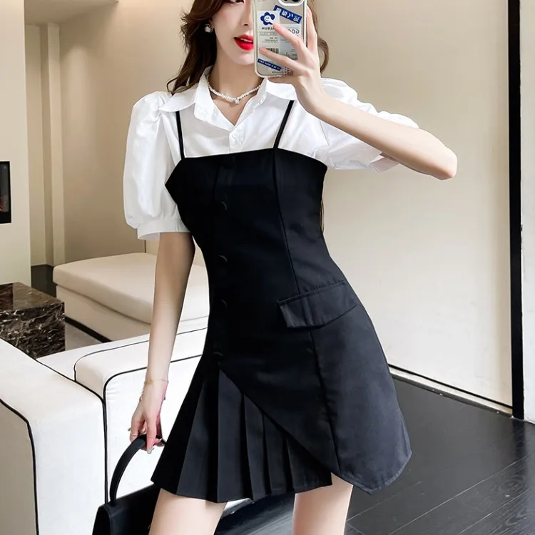 Summer Elegant 2 Piece Set Overalls Dress Women Puff Short Sleeve White Cotton Shirt Top+Sexy Suspenders pleated Mini Dress Suit 
Summer Elegant 2 Piece Set Overalls Dress Women Puff Short Sleeve White Cotton Shirt Top+Sexy Suspenders pleated Mini Dress Suit