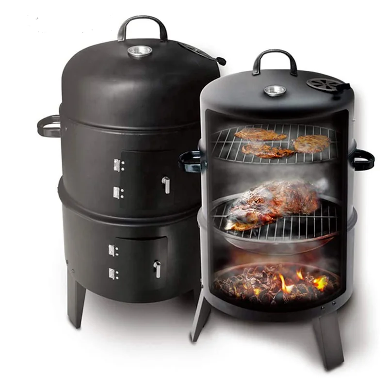 

BBQ Grill Round Charcoal Stove Outdoor Bacon Portable 3 in 1 Barbecue Grills Double Deck Smoker Oven Camping Picnic Cooking Tool