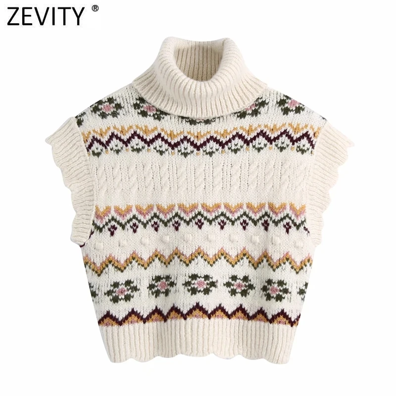 

Zevity New Women Vintage Turtleneck Flower Print Jacquard Knitting Sweater Female Wave Edge Casual Vest Chic Pullovers Tops S650