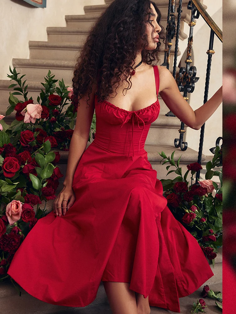 

suninheart Elegant A Line Midi Dress Sexy Spaghetti Strap Lace Up Red Holiday Party Dresses Split Summer Dresses Women 2023